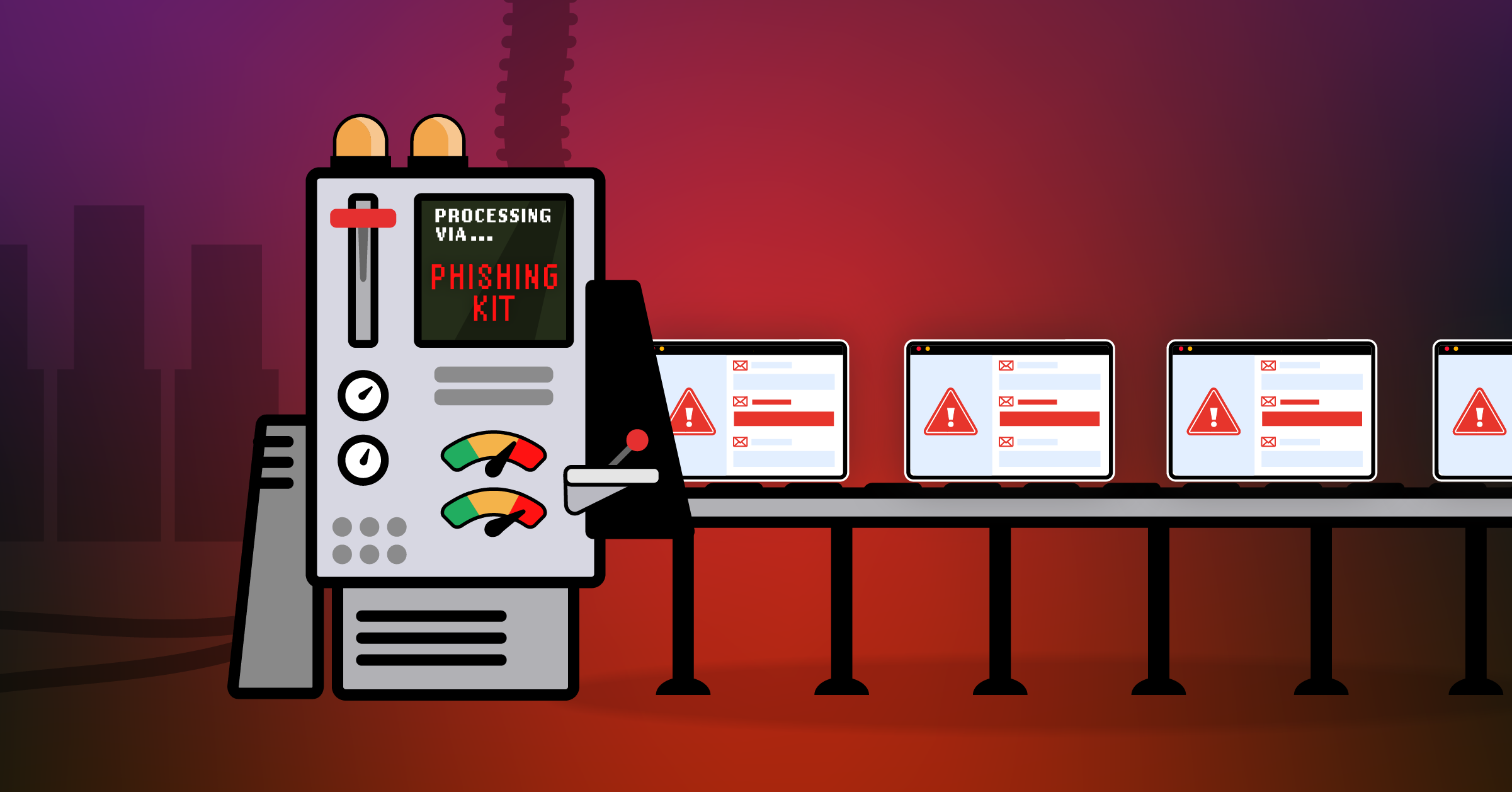 Illustration depicting a phishing kit mass producing phishing websites